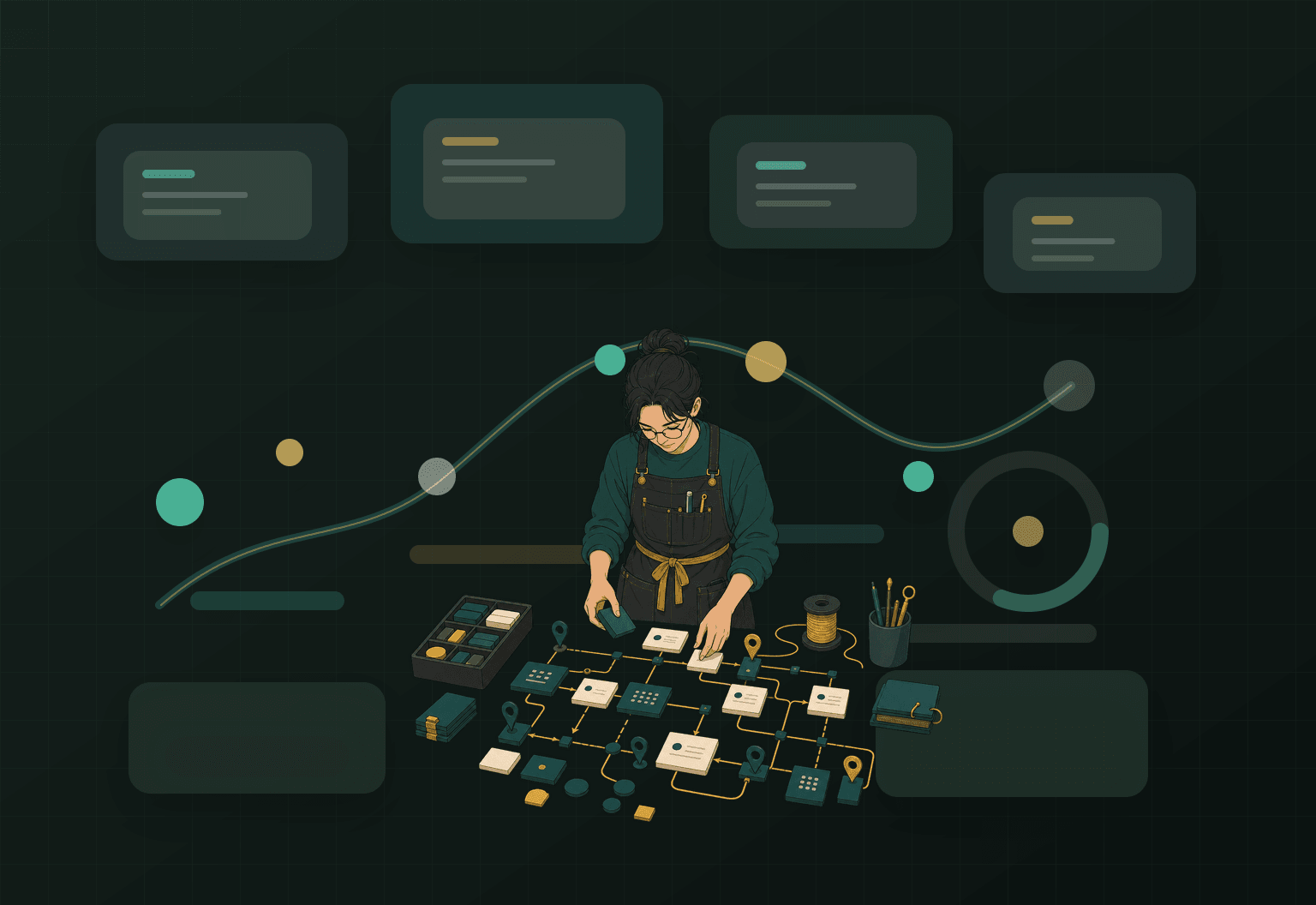 Expert operator arranging process blocks, route lines, evidence cards, and verification tools.
